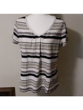 St John's Bay Women's Shirt XL V-neck Short Sleeve Black White Gray Striped